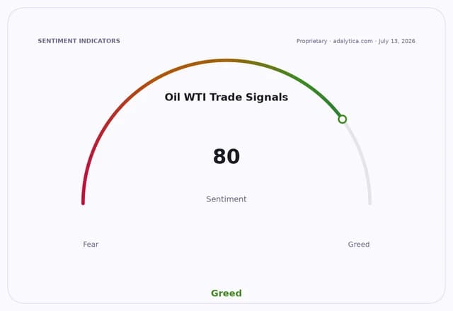 Oil WTI Trade Signals sentiment gauge at 80, showing strong Greed.