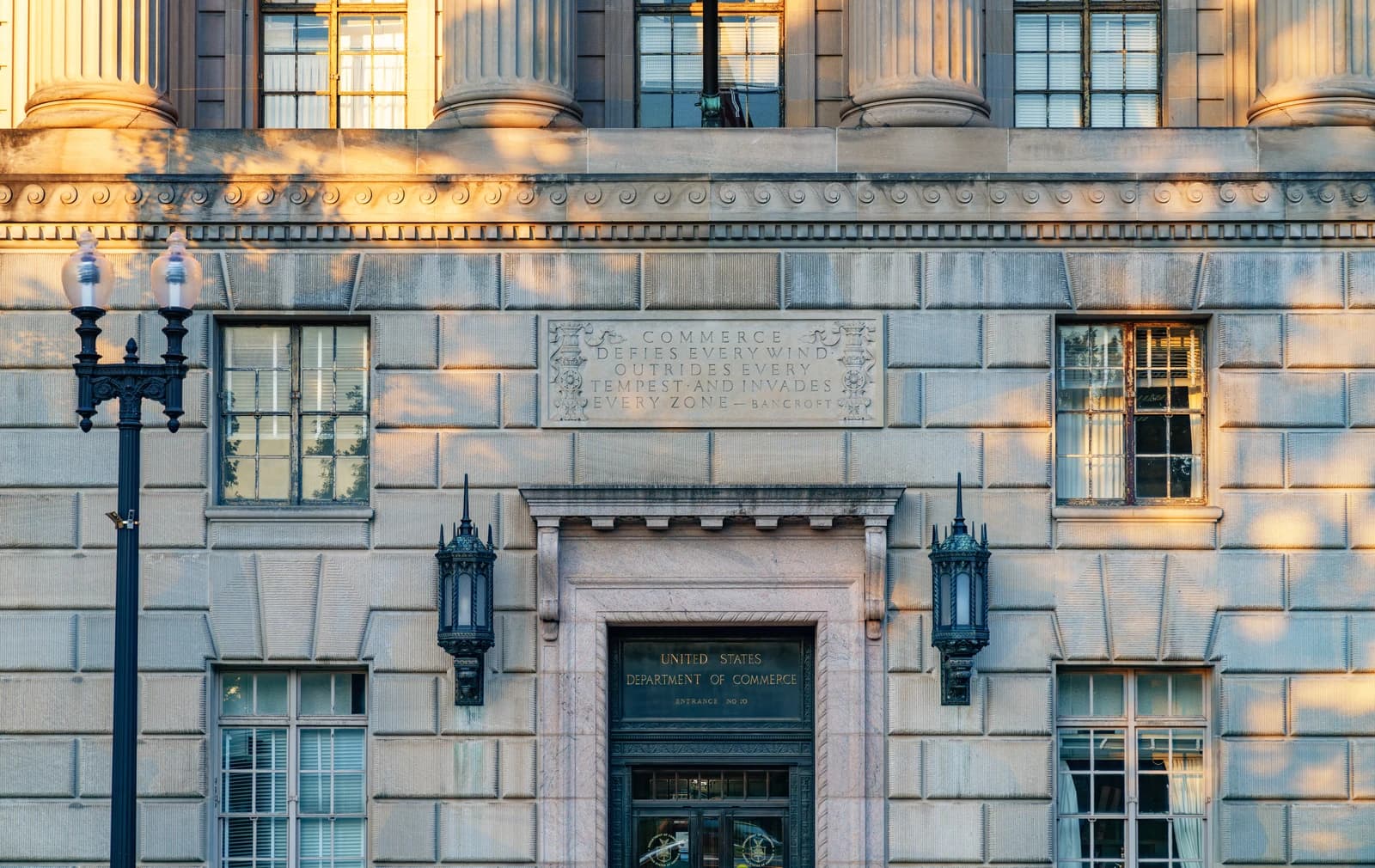 Entrance to the United States Department of Commerce building in Washington D.C.