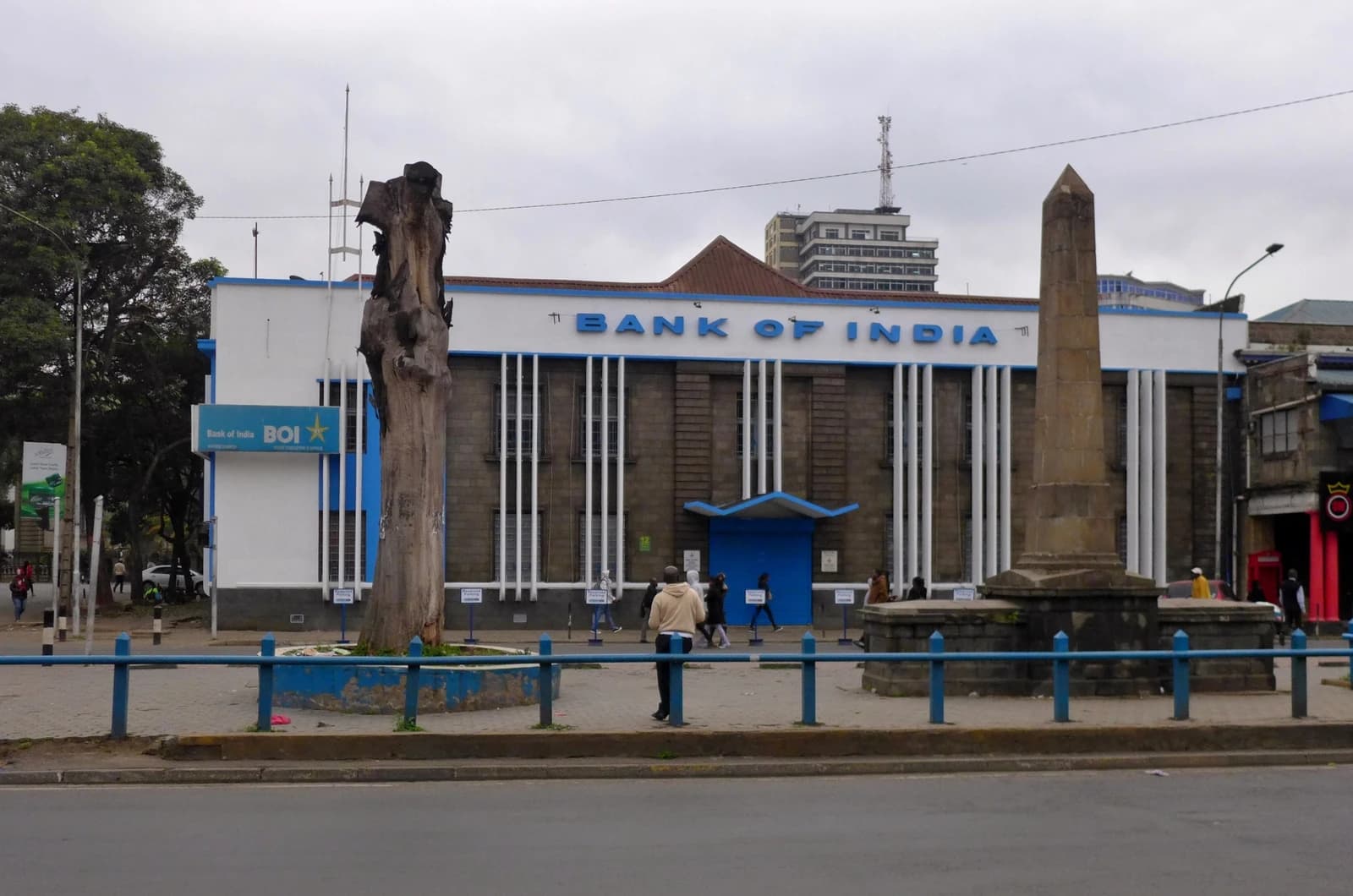 Exterior view of the Bank of India branch building in Nairobi, Kenya.