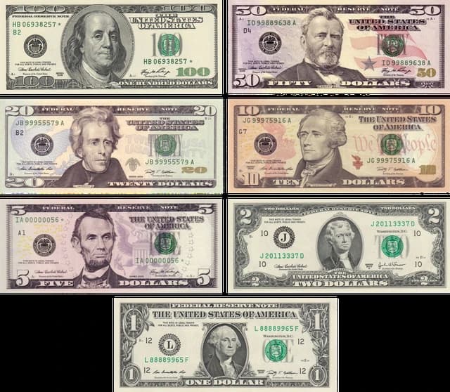 A collage of different denominations of United States dollar bills.