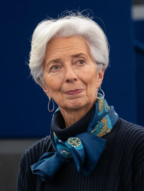 Christine Lagarde, President of the European Central Bank, looking to her right.