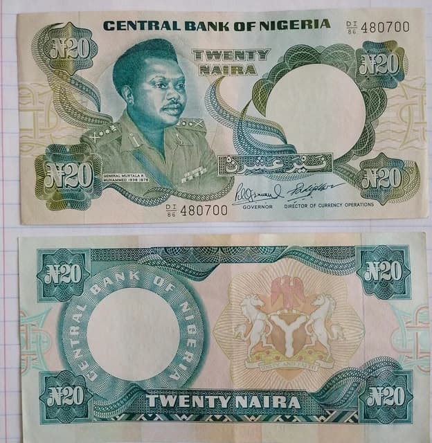 Nigerian twenty Naira banknote, front and back, featuring General Murtala Muhammed.