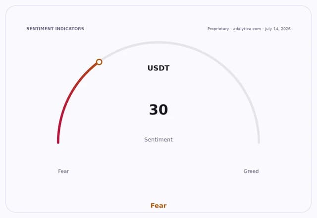 Sentiment gauge dial showing USDT sentiment at 30, indicating 'Fear'.