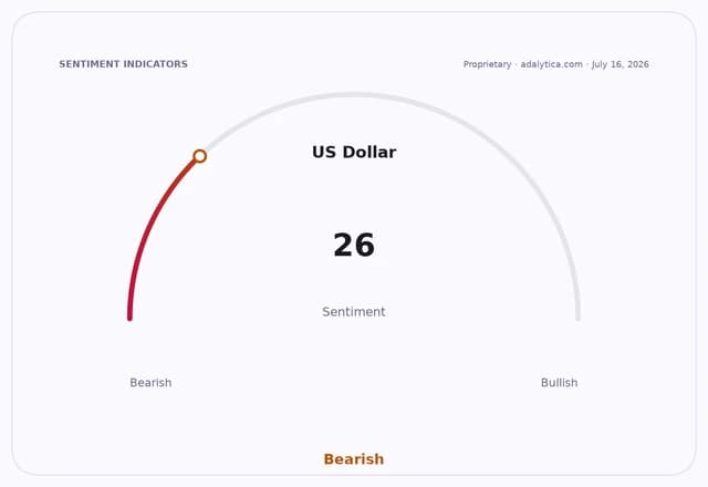 US Dollar sentiment gauge indicating a bearish sentiment at a reading of 26.