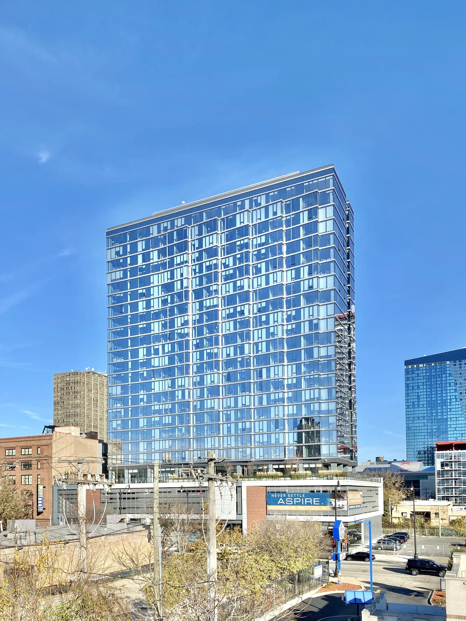 The glass-facade Aspire Residences building in Chicago's Near South Side.
