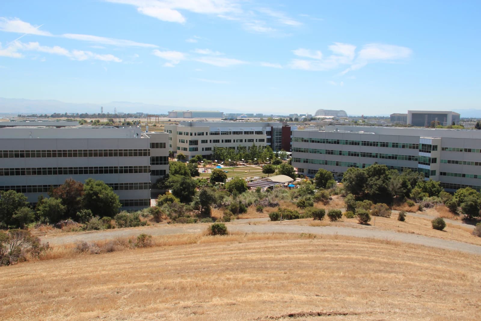 Aerial view of Google Campus buildings and green spaces under a blue sky.