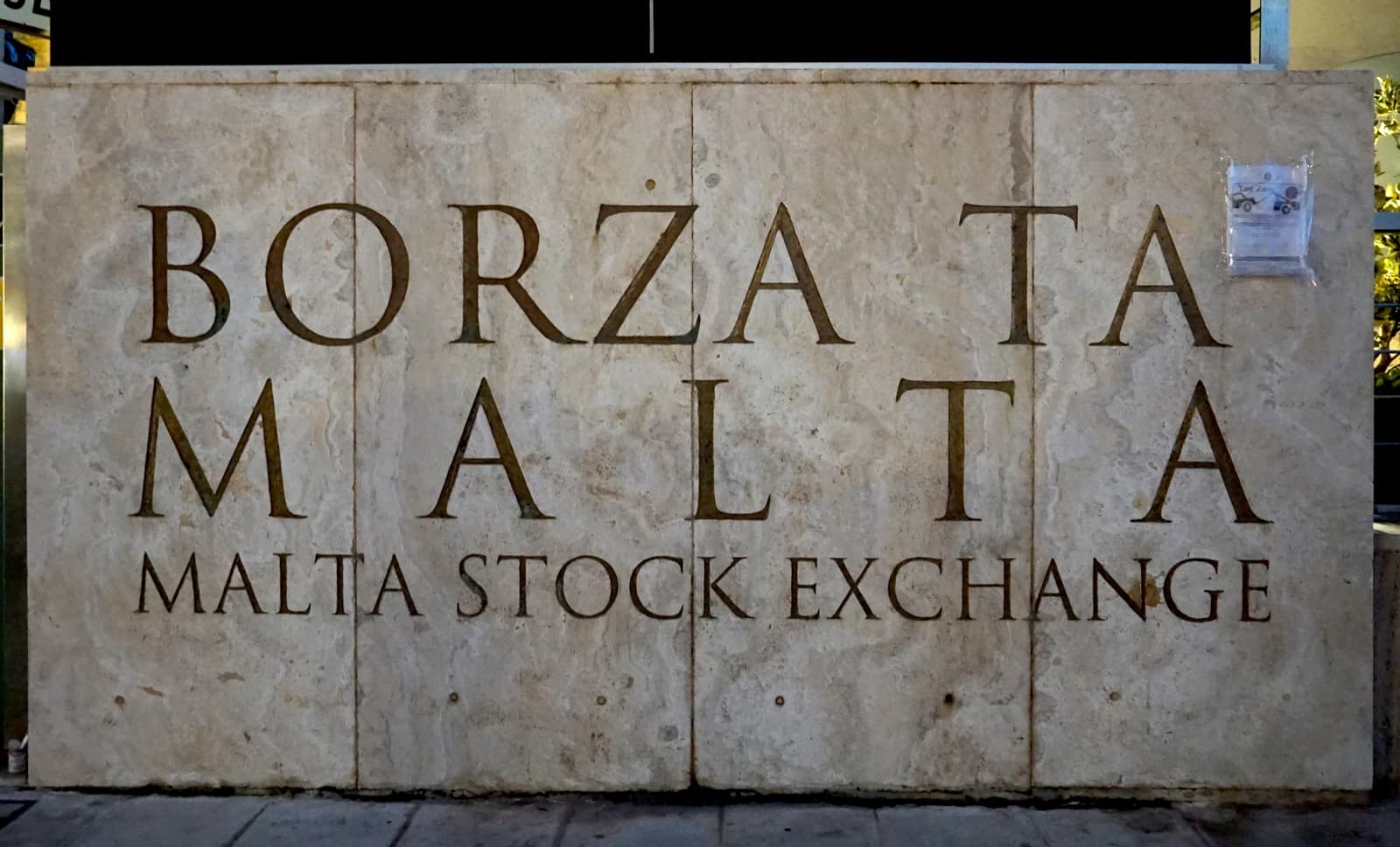 Borza ta Malta, Malta Stock Exchange sign carved in stone.