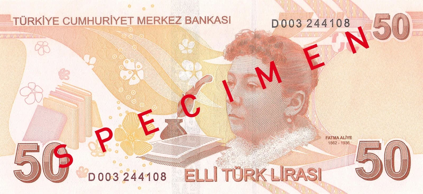 Reverse side of a 50 Turkish Lira banknote with a portrait of Fatma Aliye.