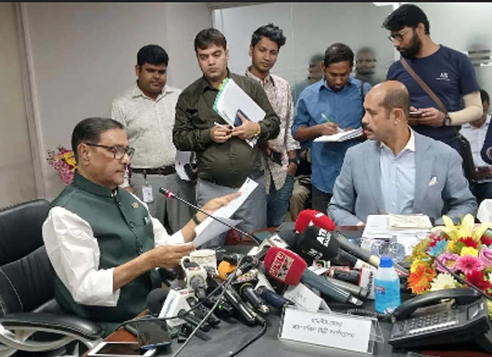 Road Transport Minister Obaidul Quader briefs journalists at BRTA Headquarters in Dhaka.