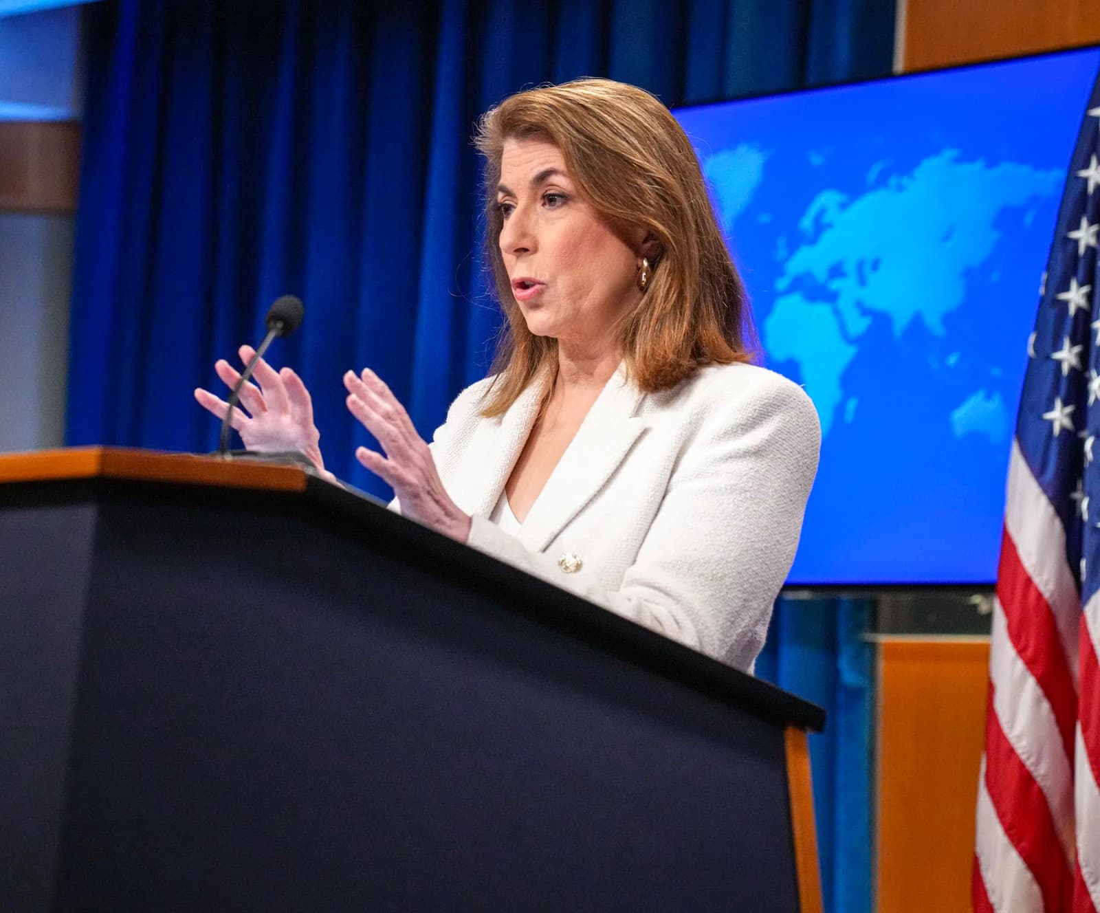 Spokesperson Bruce stands at a podium, speaking during a press briefing.