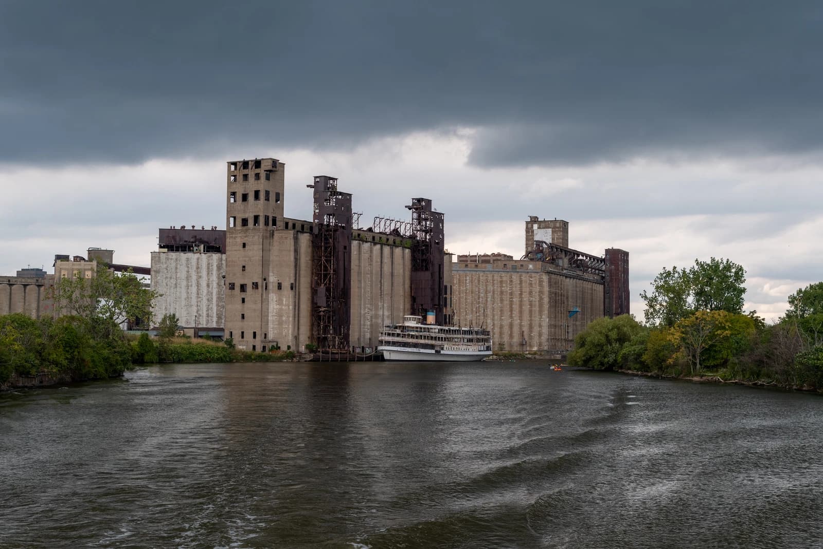 Grain elevators on the waterfront in Silo City, Buffalo, New York.