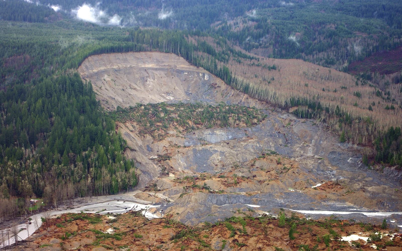Aerial view of the massive Oso landslide in rural Washington State.