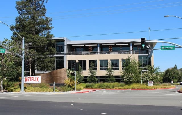Exterior view of the Netflix campus building at 101 Albright Way in Los Gatos, California.