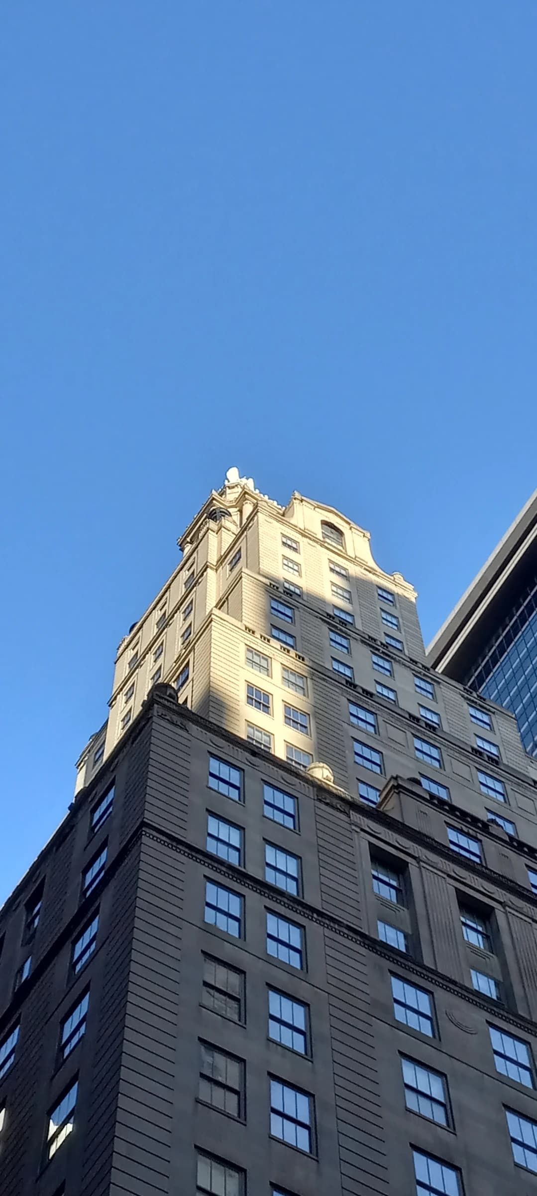 Skyscrapers reaching towards a clear blue sky in Manhattan's Financial District.