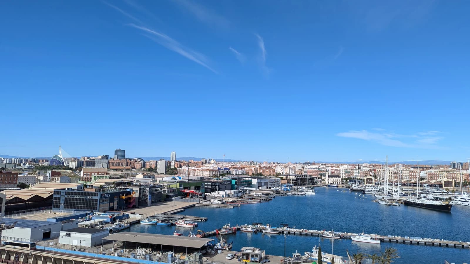 Valencia skyline with boats in the foreground, showing urban landscape and port.