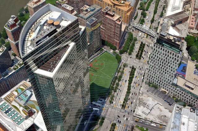 Goldman Sachs Tower in Manhattan seen from a high vantage point.