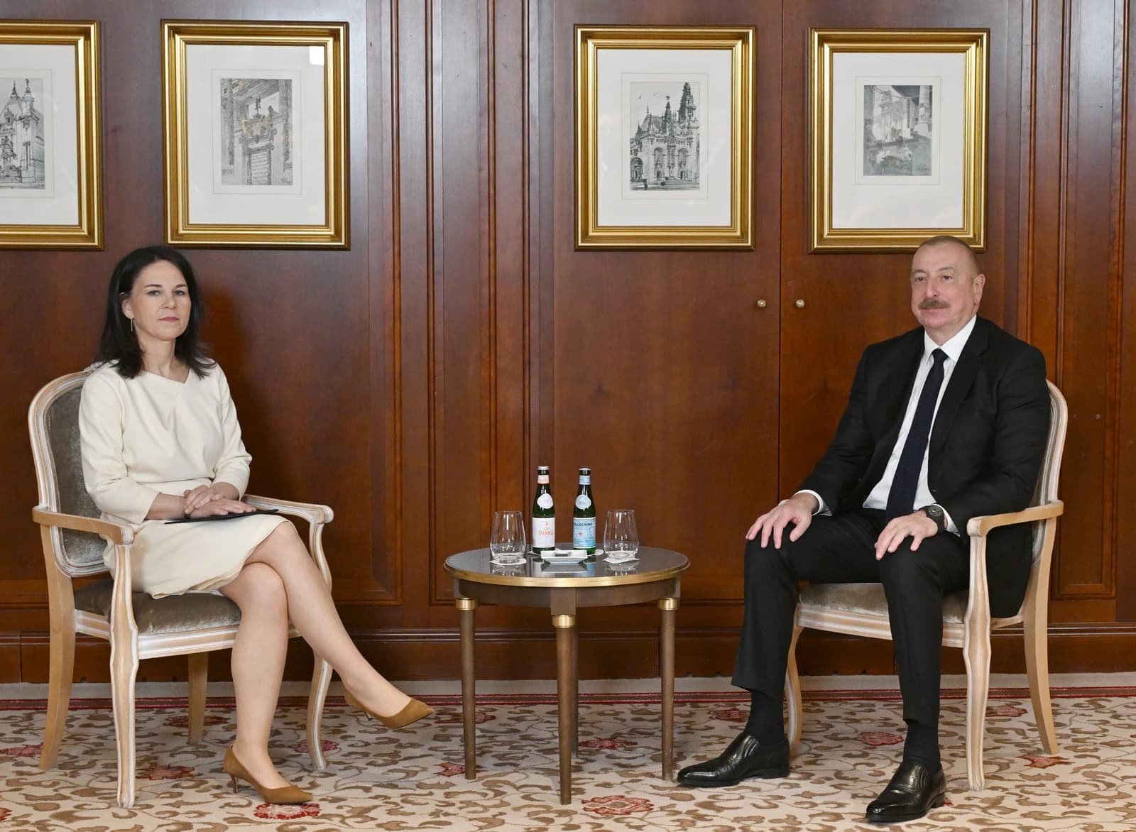 Ilham Aliyev, President of Azerbaijan, seated with the German Foreign Minister in Berlin.
