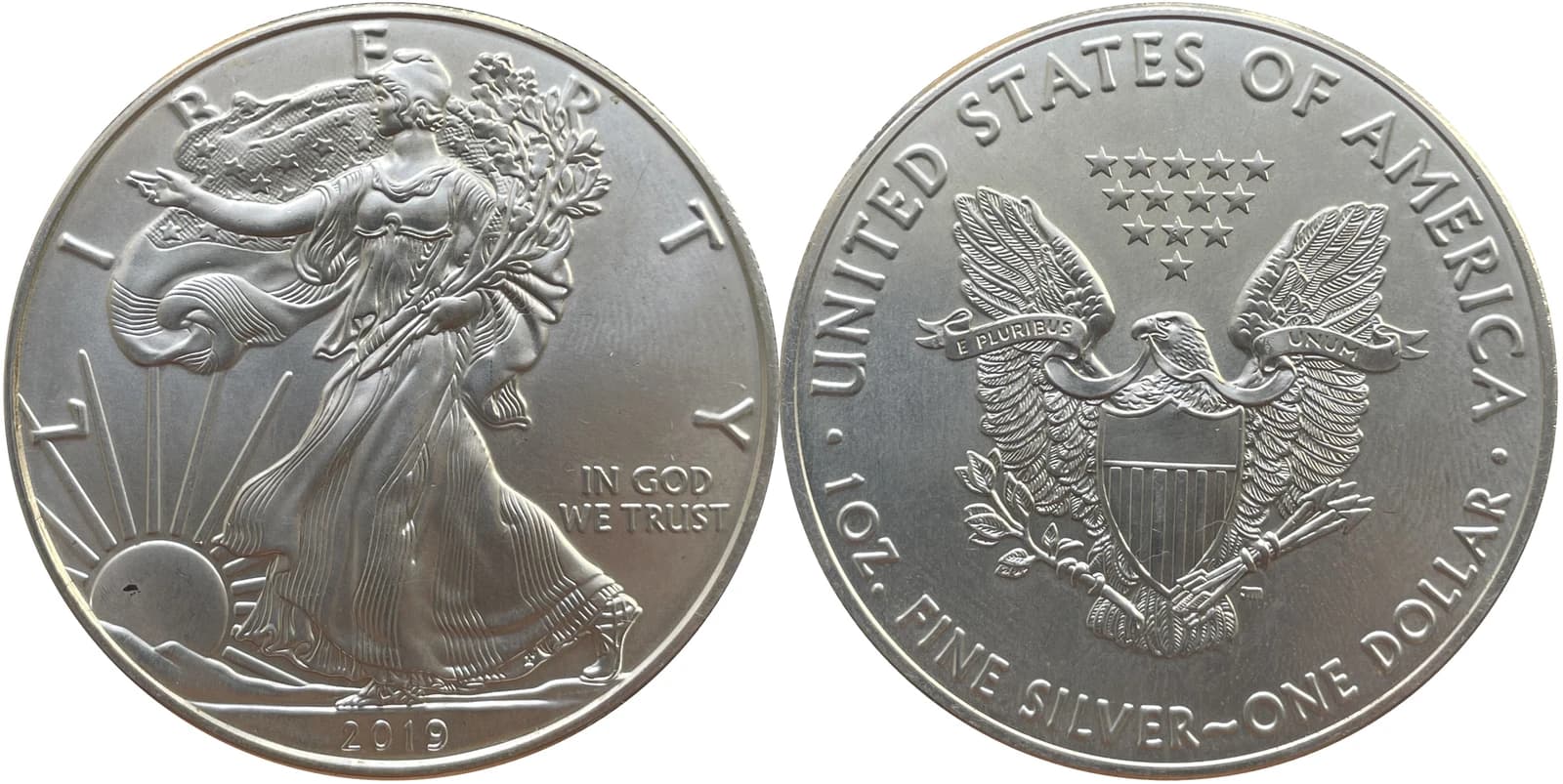 Both sides of a 2019 American Silver Eagle silver dollar coin.