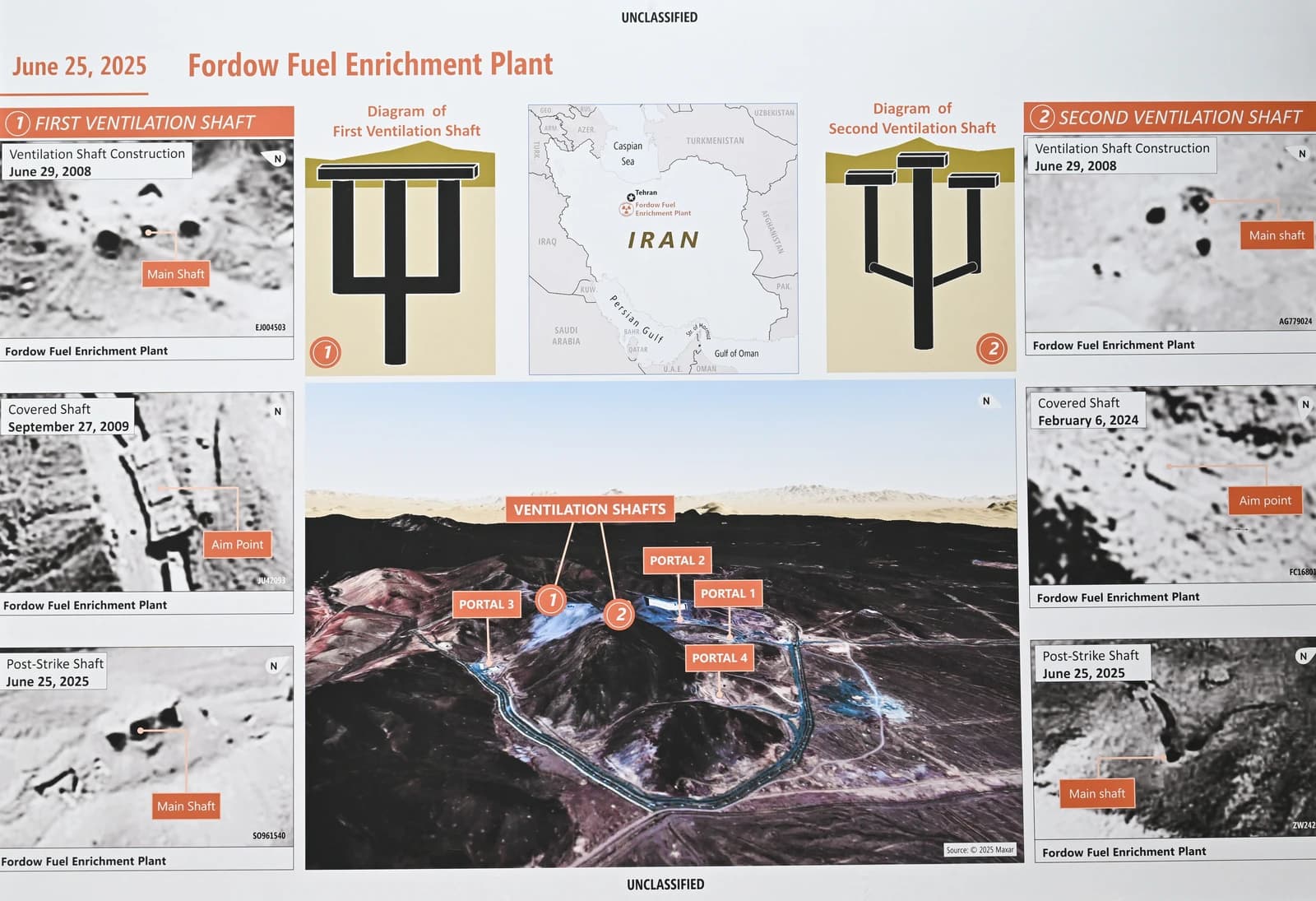Exhibit at the Pentagon detailing Iran's Fordow Uranium Enrichment Plant's ventilation shafts.