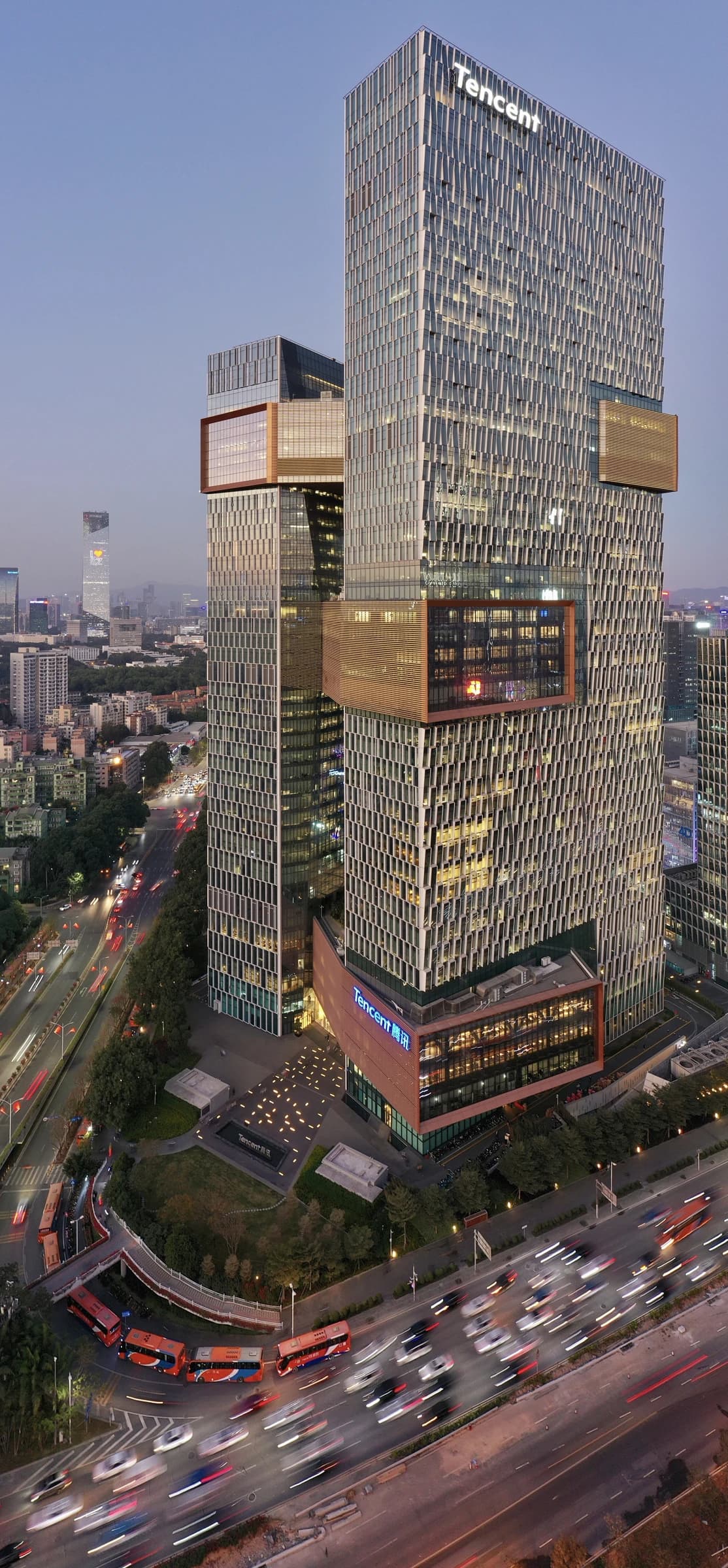 Tencent Binhai Building, corporate headquarters of Tencent, at dusk in Shenzhen, China.
