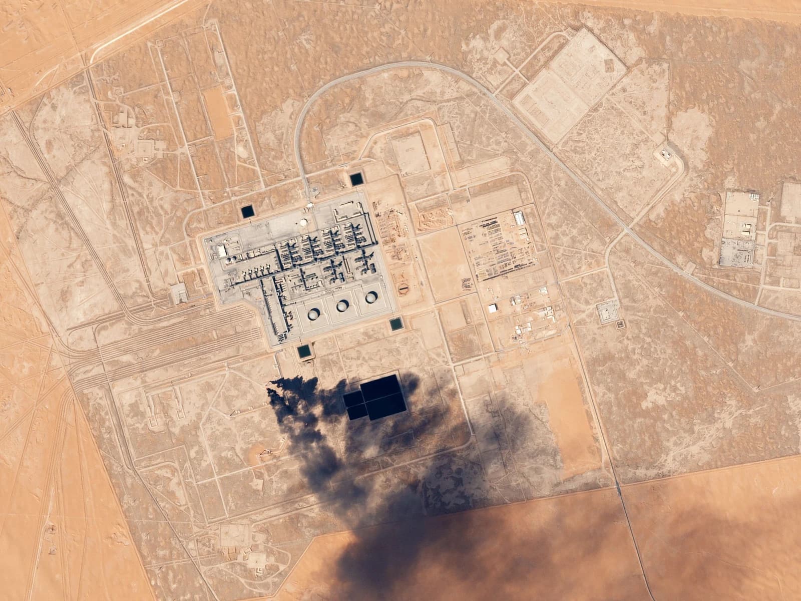 Aerial view of Khurais Oil Processing Facility in Saudi Arabia from satellite.
