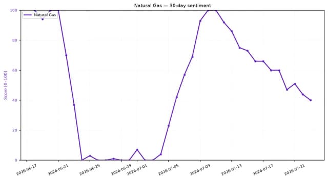 Line chart shows natural gas 30-day sentiment, fluctuating significantly from 100 to 0 and back.