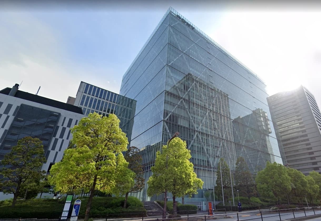 Exterior view of the Sony Corporation headquarters building in Tokyo, Japan.