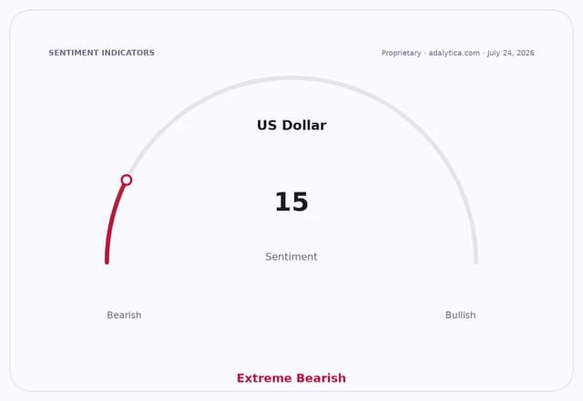 Sentiment gauge dial showing US Dollar sentiment at 15, in the Extreme Bearish zone.