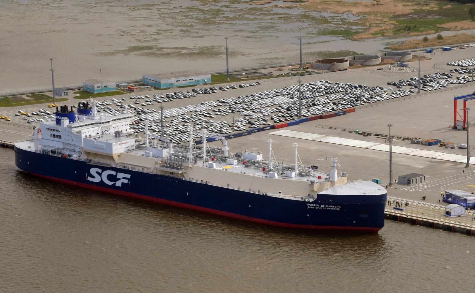 LNG tanker Christophe de Margerie docked at a port facility.