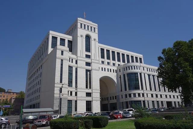 Exterior view of the Ministry of Foreign Affairs building in Yerevan, Armenia, under a clear sky.