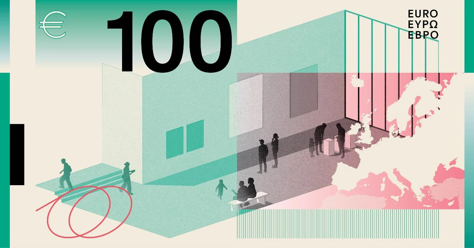 Proposed back design for a 100 Euro banknote, showing a building, people, and a map of Europe.