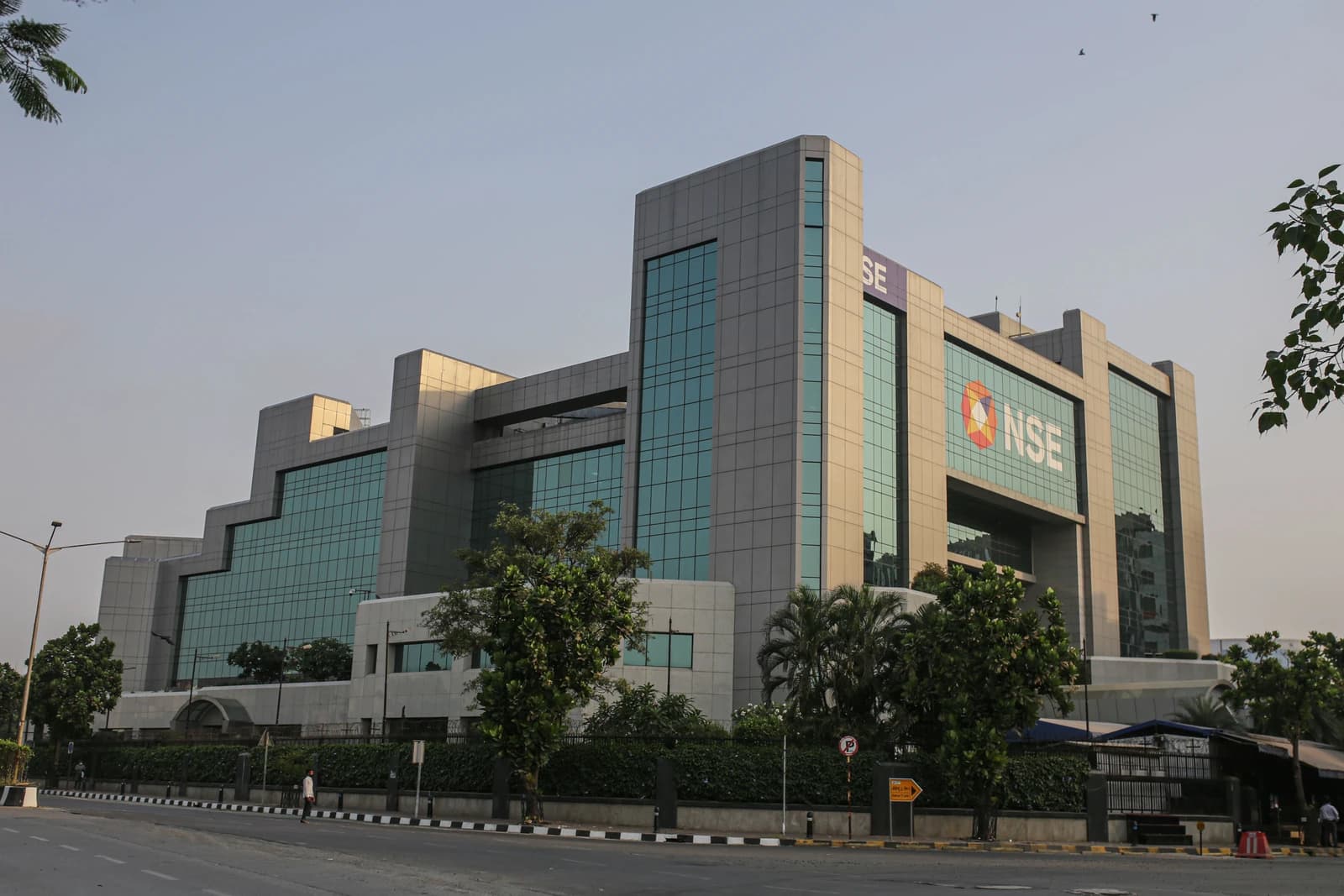 Exterior of the National Stock Exchange of India building, glass and concrete.