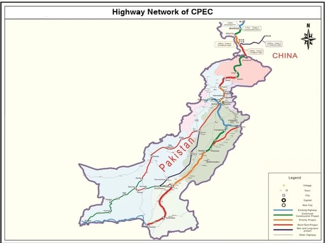 Map of Pakistan and part of China, showing CPEC highway network routes.
