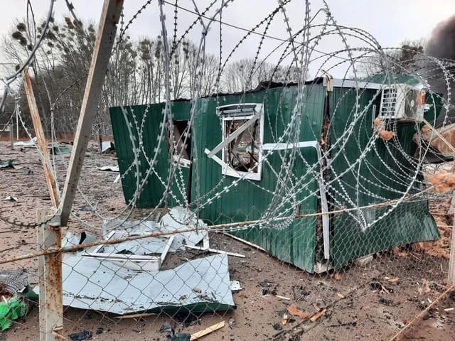Ukrainian Border Guard post, heavily damaged by shelling, near the border with Belarus.