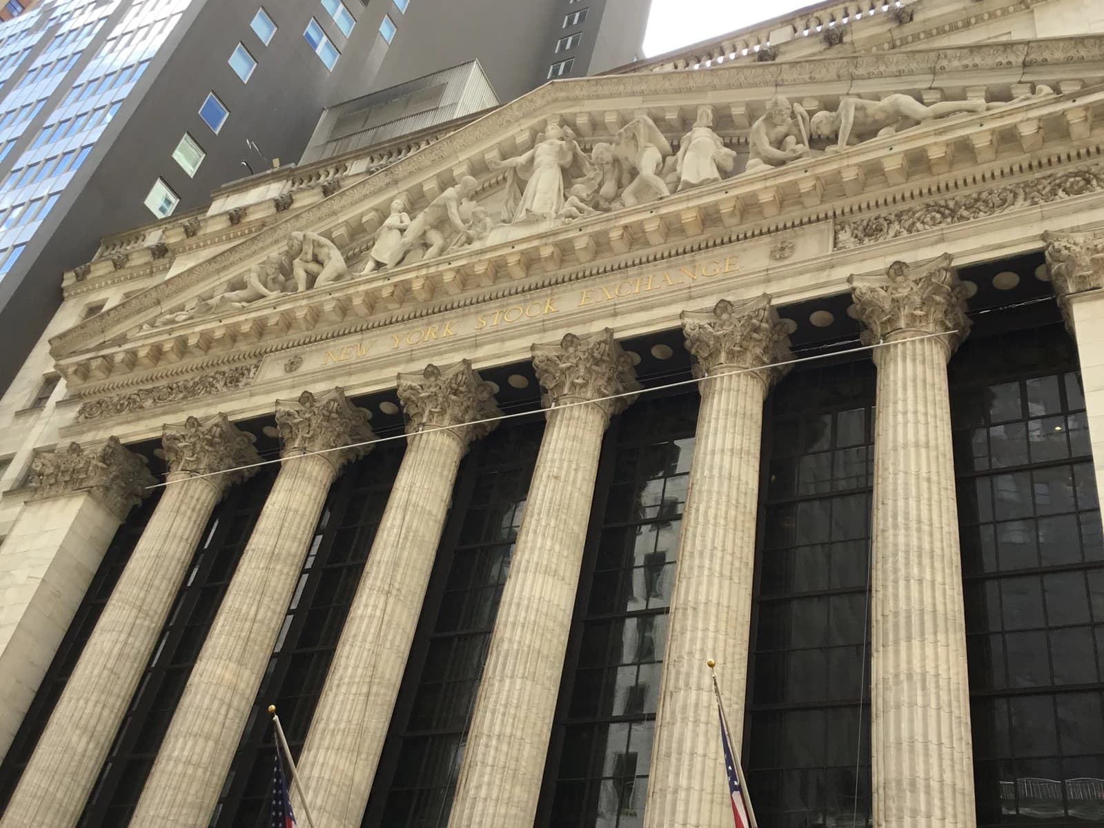 The exterior of the historic New York Stock Exchange building in New York City.