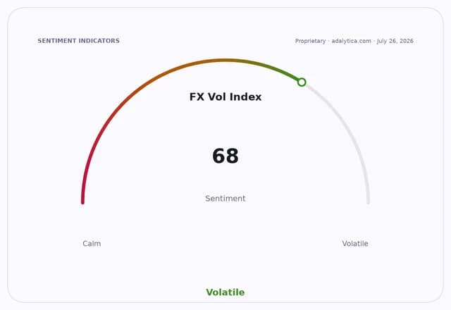 FX Vol Index sentiment gauge dial showing a reading of 68, in the Volatile zone.