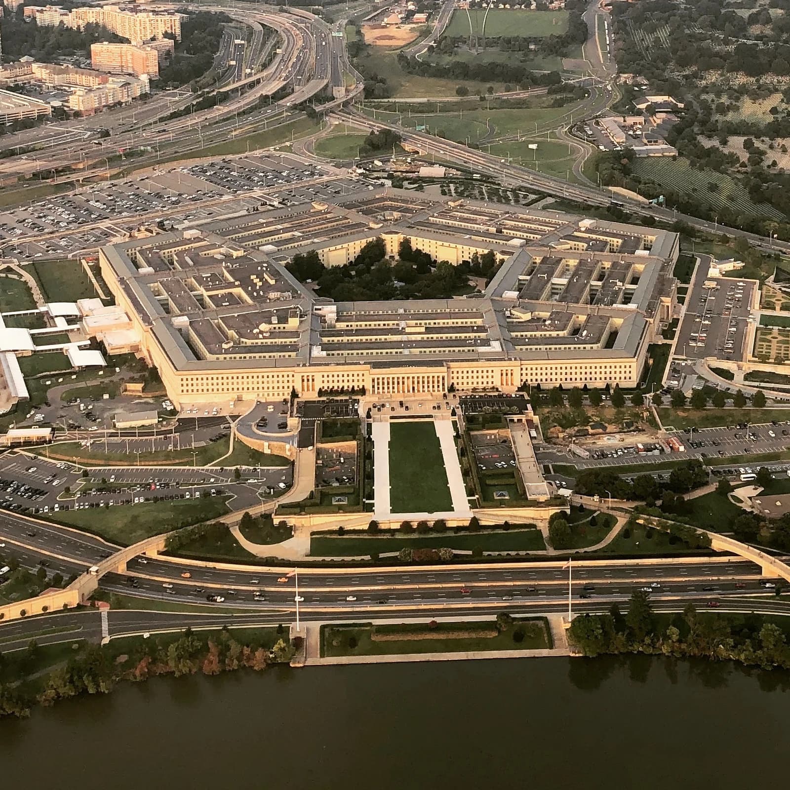 Aerial view of The Pentagon, the headquarters of the U.S. Department of Defense, with surrounding roads.