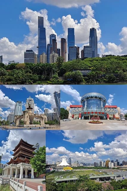 Montage showcasing modern buildings, an elephant sculpture, traditional architecture, and a convention center in Nanning.