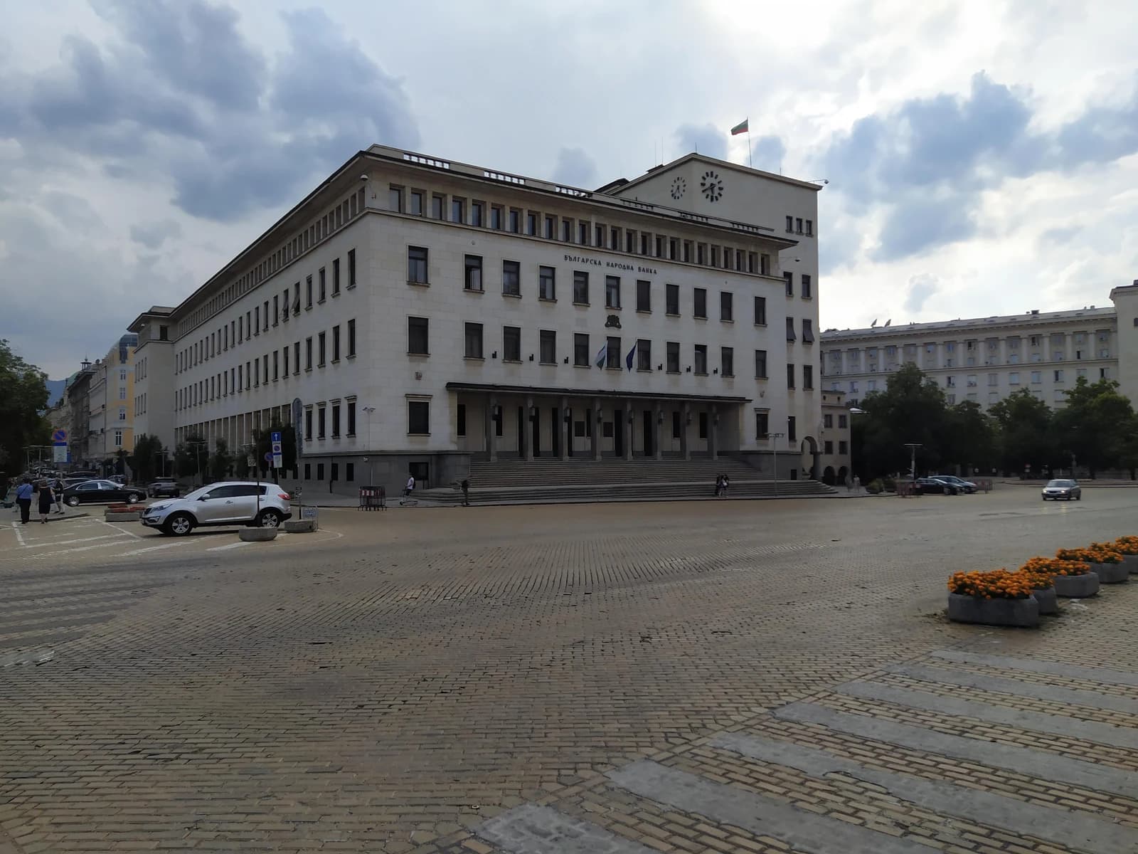 The Bulgarian National Bank headquarters, a large stone building with columns, in Sofia.
