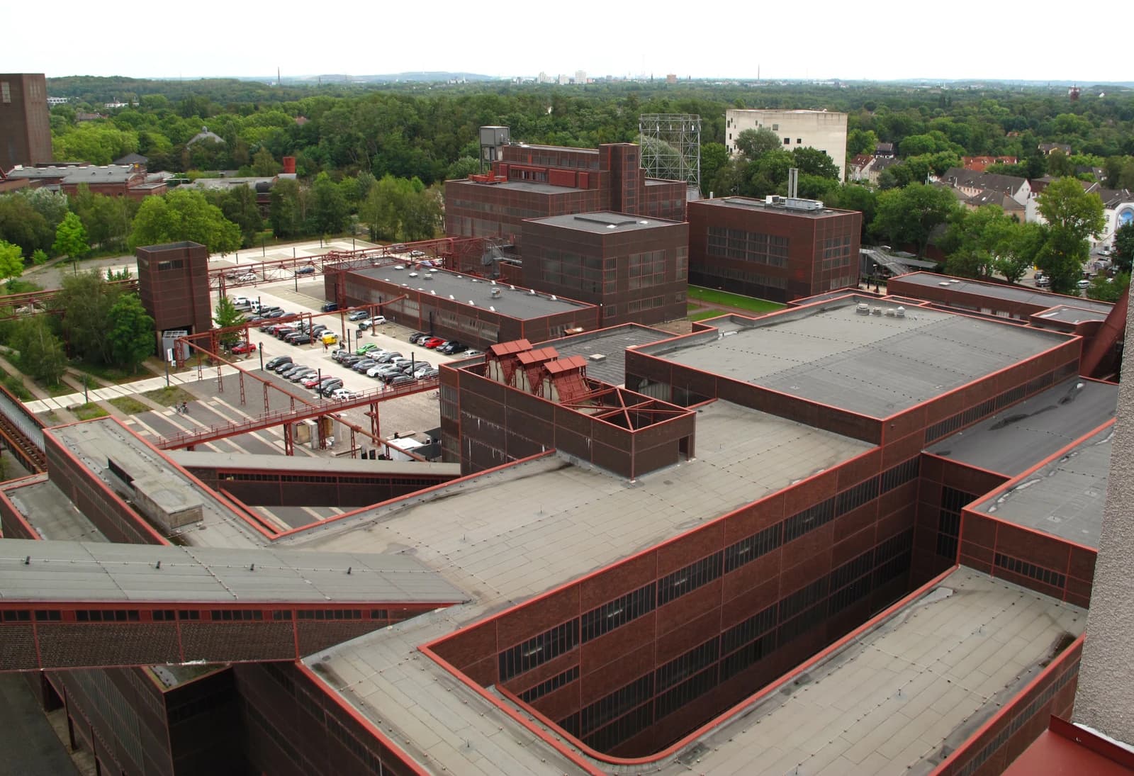 Aerial view of the industrial buildings and structures of the Zeche Zollverein coal mine.