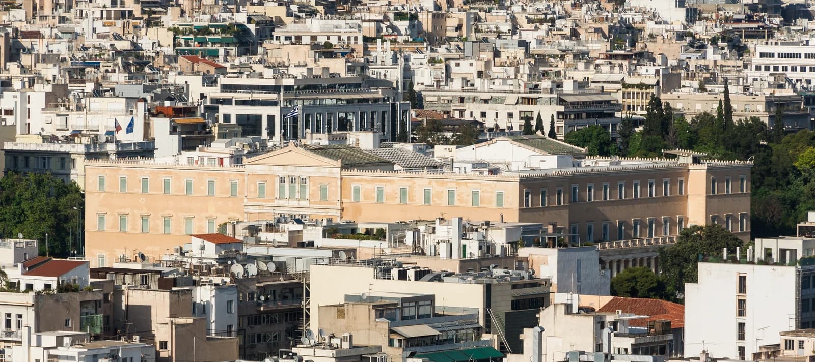 Hellenic Parliament building in Athens, Greece, seen from the Acropolis.