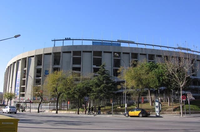 Exterior view of Camp Nou stadium in Barcelona, Spain.