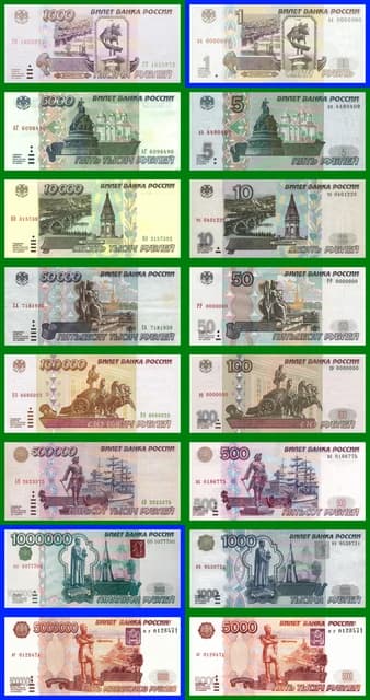 Collection of Russian banknotes, including historical and contemporary designs, illustrating changes in denominations.