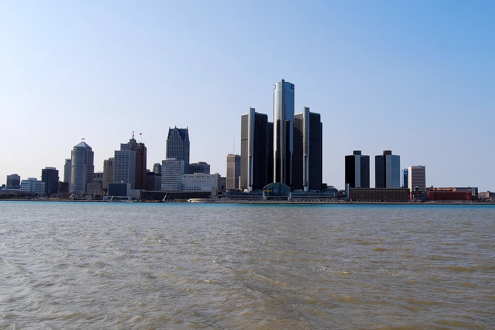 Detroit skyline and the Renaissance Center viewed across the Detroit River.