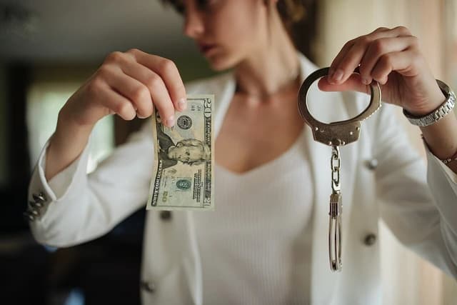 Woman holding a twenty-dollar bill and handcuffs in her hands.
