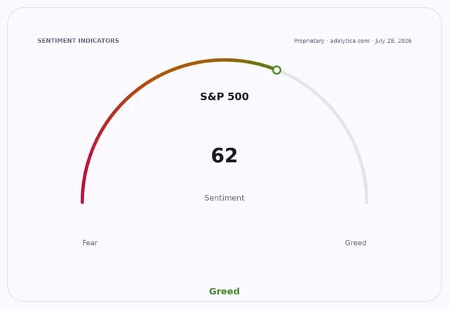 S&P 500 sentiment gauge dial showing a reading of 62, pointing towards Greed.