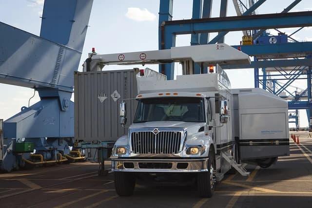 CBP scanner truck inspecting a shipping container at the Port of Philadelphia.