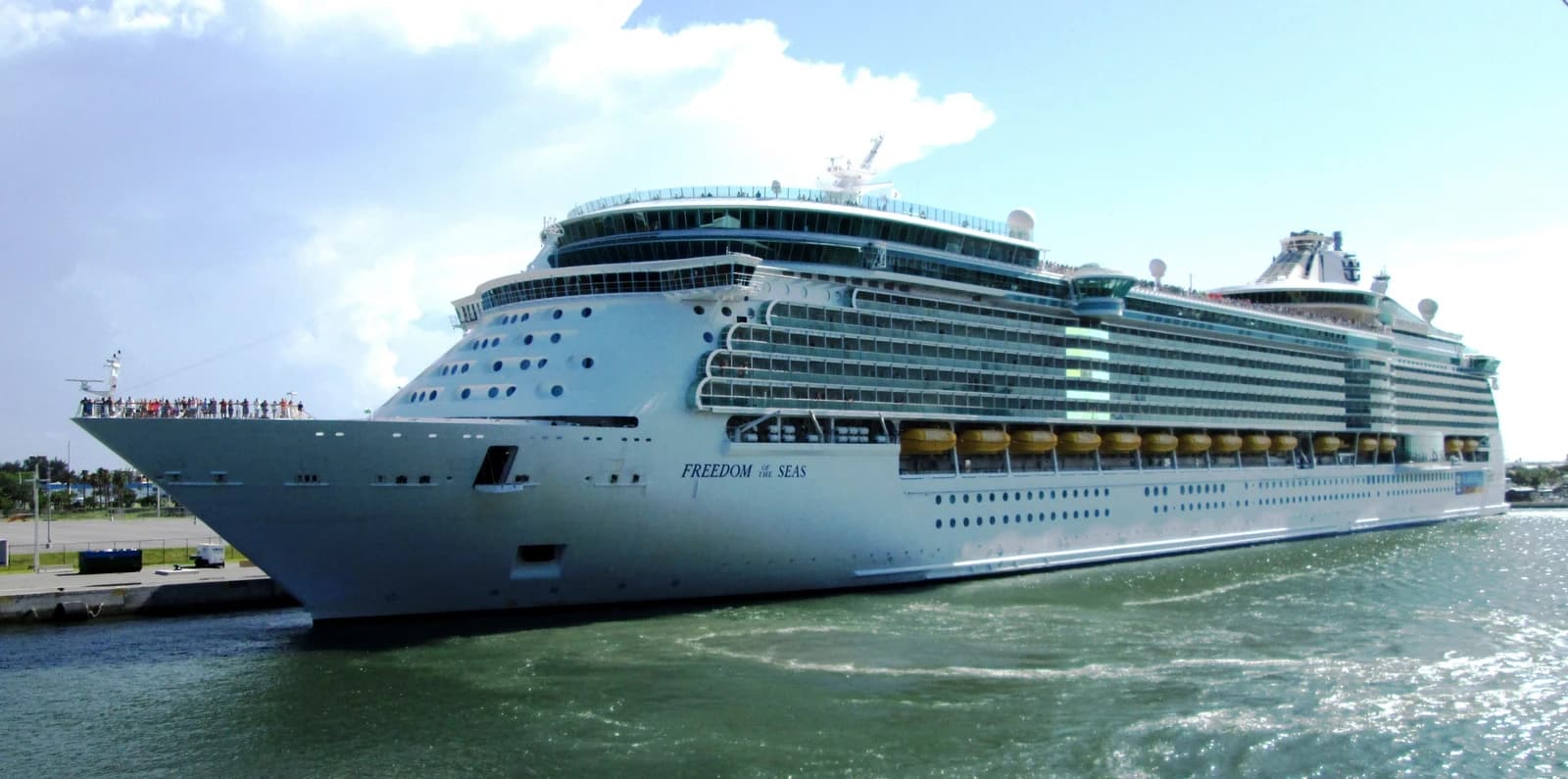The cruise ship Freedom of the Seas docked at Port Canaveral, Florida under a blue sky.