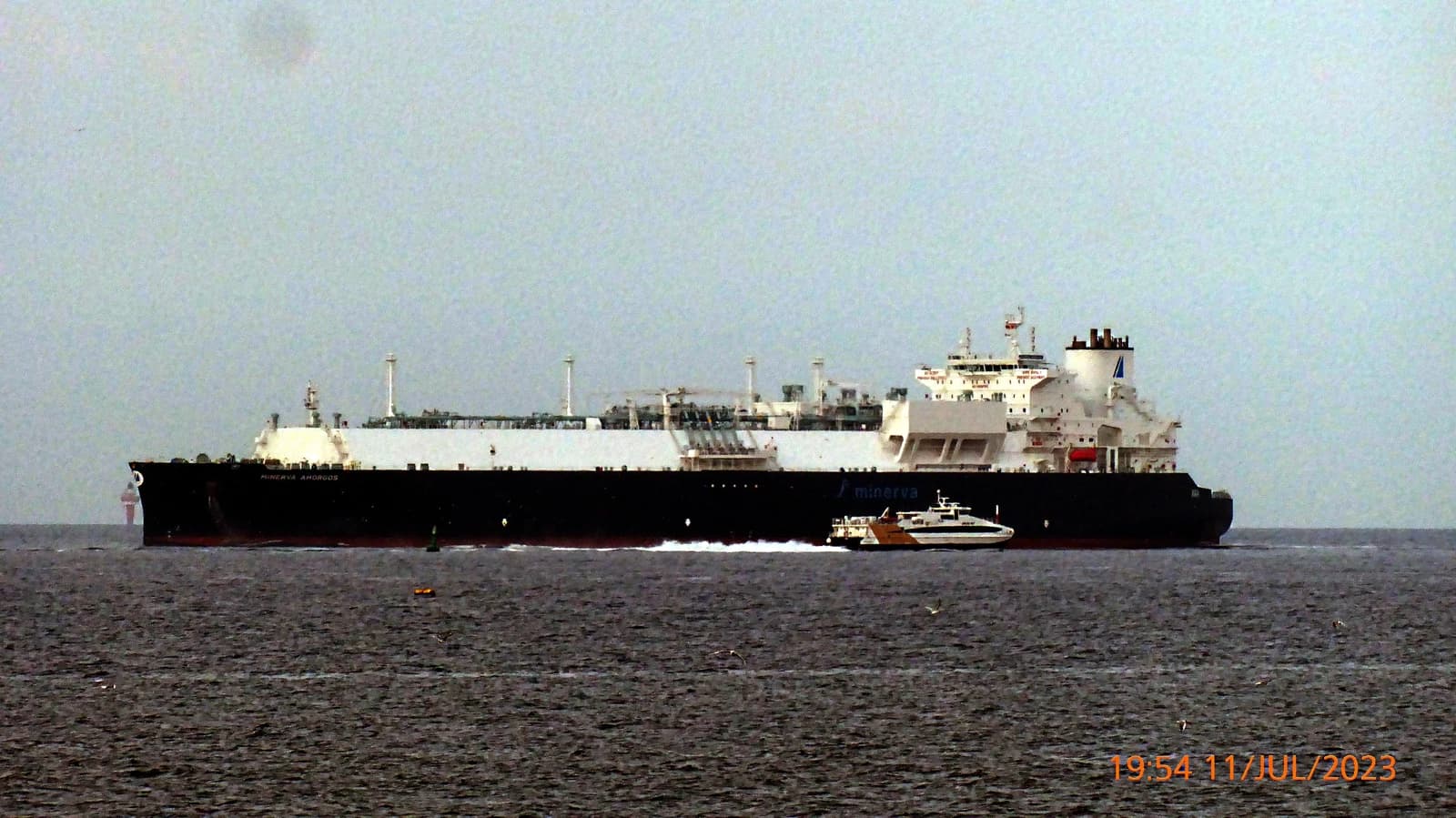 LNG tanker Minerva Amorgos sailing in open water, observed from the side.