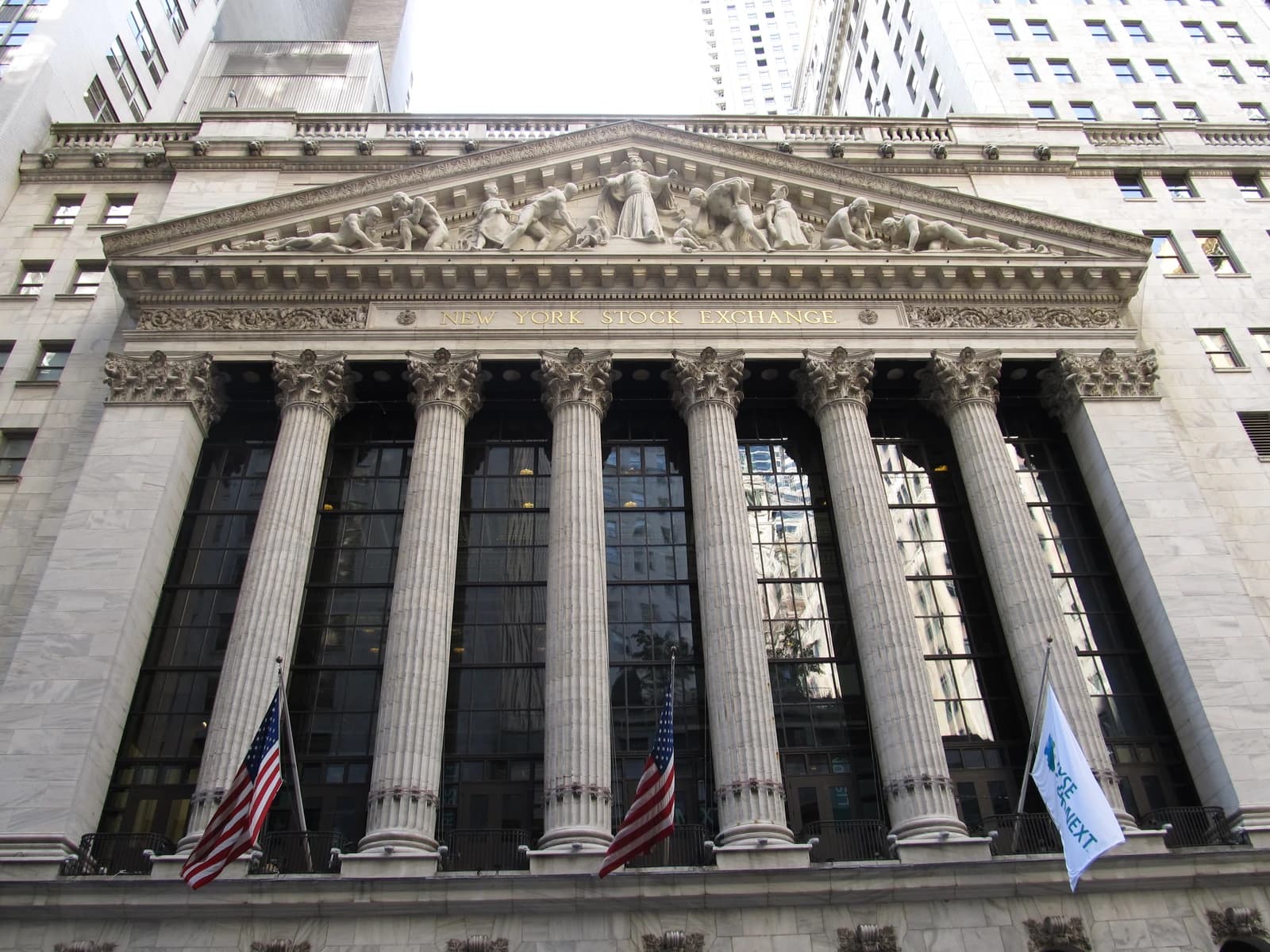 The imposing classical facade of the New York Stock Exchange building in Manhattan.